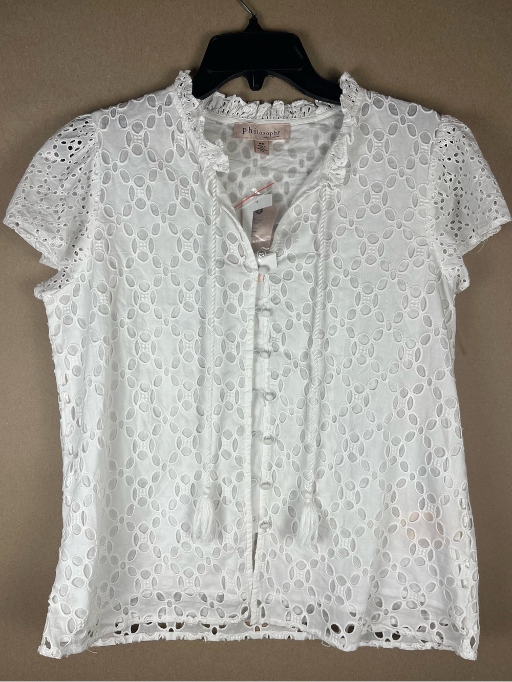 Philosophy Republic White Eyelet Cotton Blouse NWT  M Ruffle Neck Tassel Button